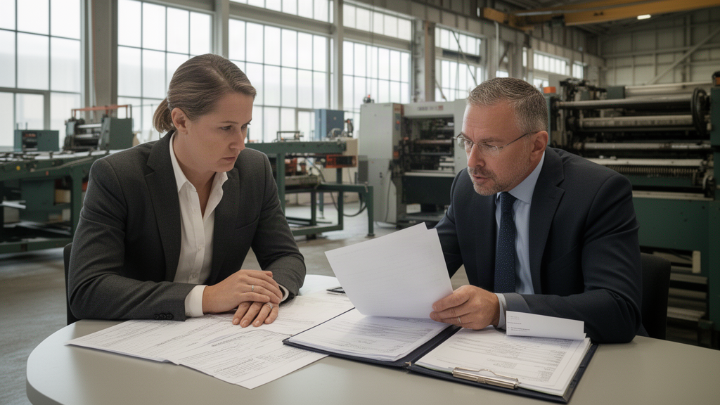 Advogado e gestor empresarial analisando documentos junto a máquinas em galpão, luz natural
