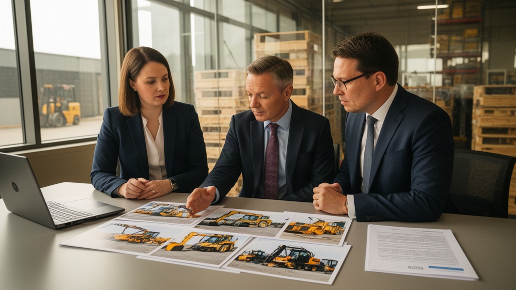 Executivos revisando contrato e fotos de máquinas em escritório industrial com iluminação natural