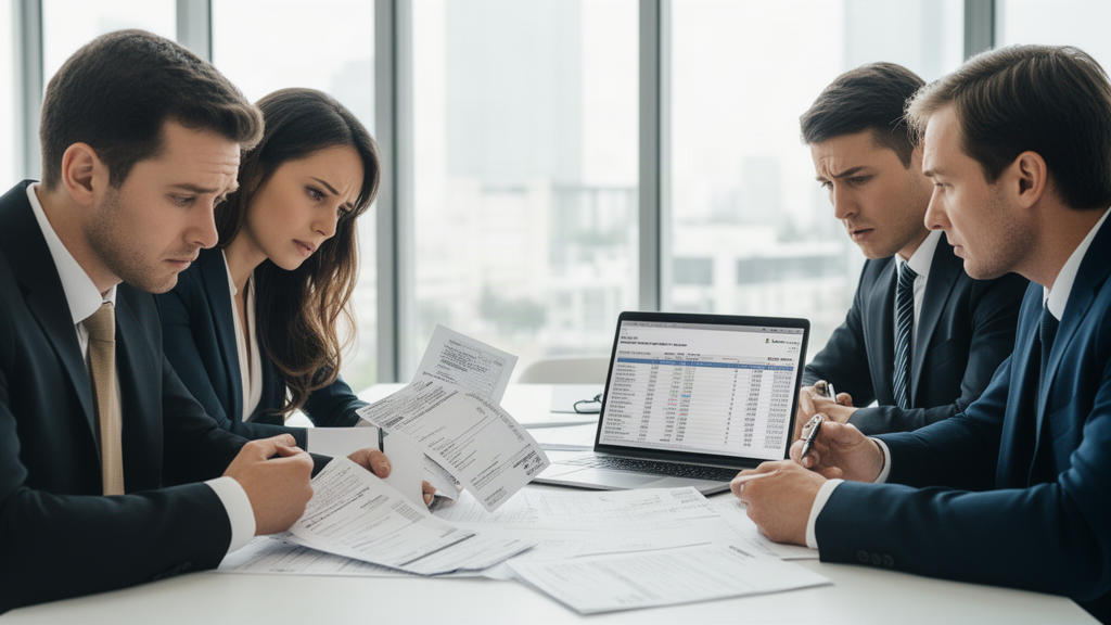 Advogado e equipe empresarial analisando extratos e contratos em escritório claro