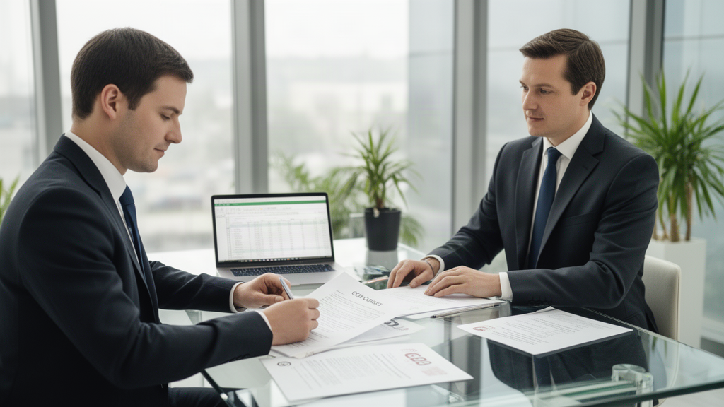 Advogado e CFO analisando contrato de CCB e planilha em escritório empresarial