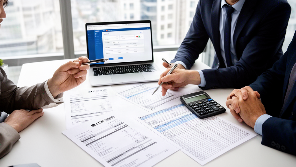 Equipe empresarial analisando extratos, CCB e planilhas em escritório iluminado