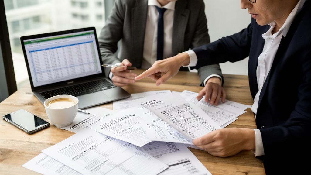 Advogado e empresário analisando extratos e contrato bancário em escritório corporativo com luz natural