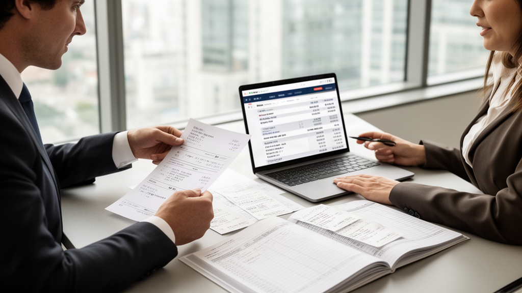 Duas pessoas em escritório revisando comprovantes de pagamento e extrato bancário sobre mesa