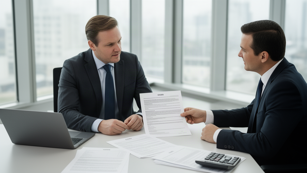 CFO e advogado em reunião revisando contrato bancário em escritório corporativo