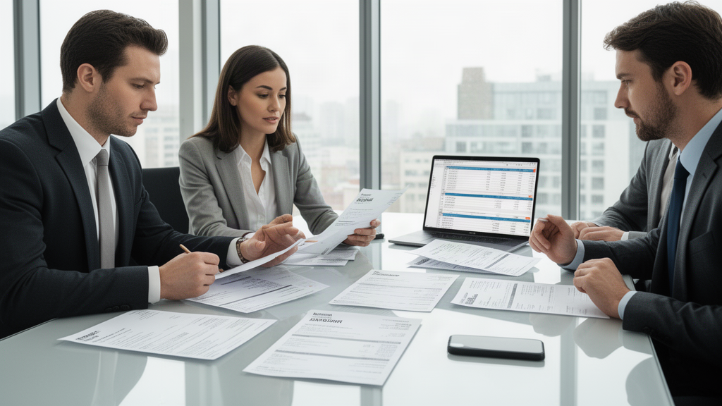 Equipe empresarial revisando contratos e extratos em sala de reunião com luz natural