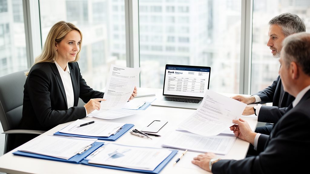 Profissionais em reunião revisando contratos bancários e extratos em escritório corporativo
