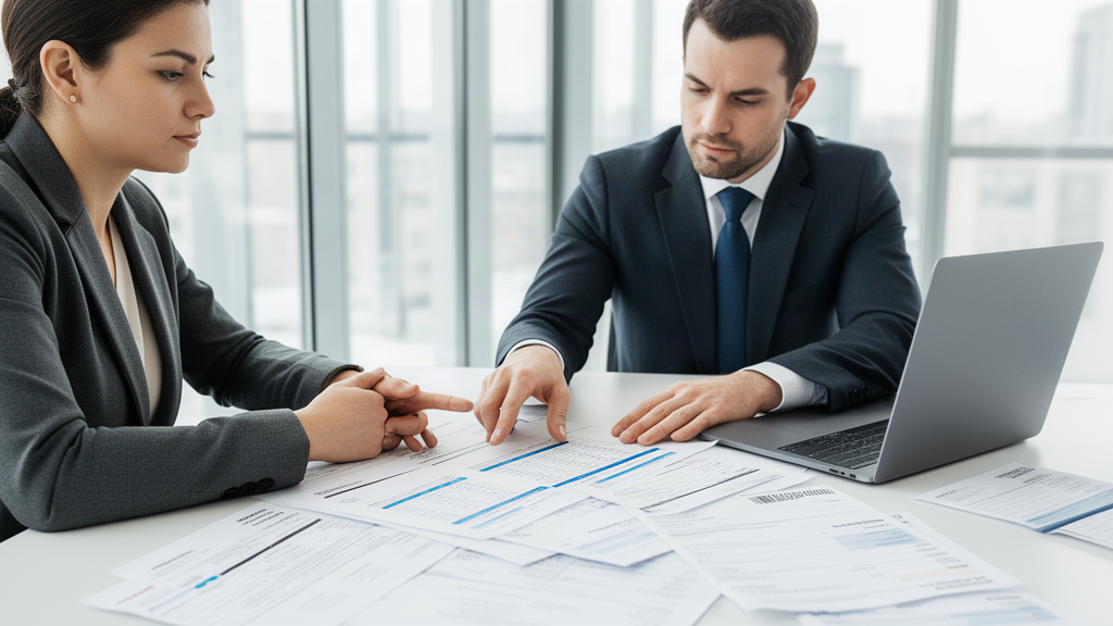 Advogado e empresário analisando documentos financeiros em escritório claro, com extratos e laptop sobre a mesa.