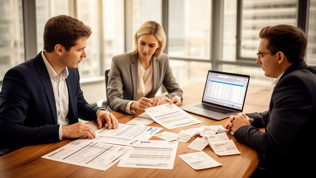 Equipe empresarial analisando contratos e relatórios de recebíveis em escritório claro