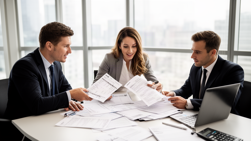 Equipe empresarial analisando contratos e extratos bancários em reunião clara e profissional