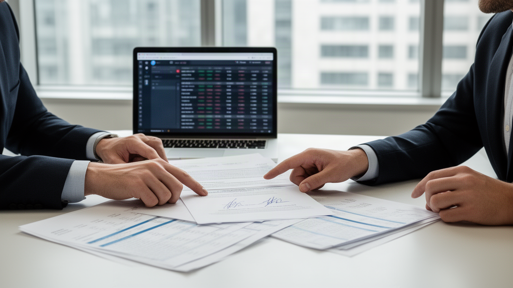 Equipe empresarial analisando contrato e extratos em escritório financeiro, mãos sobre documento assinado