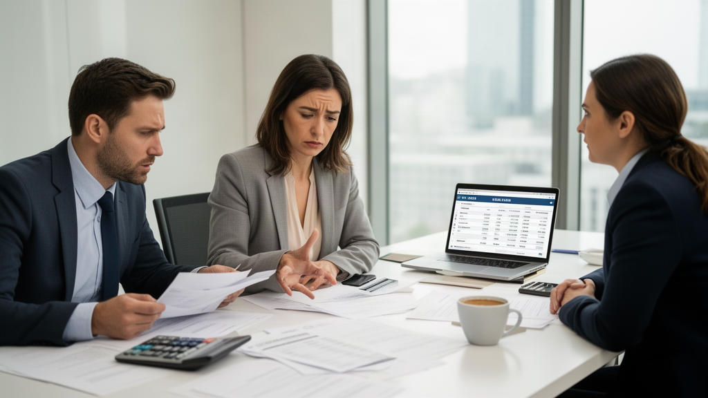 Equipe empresarial analisando extratos e contratos bancários em sala clara