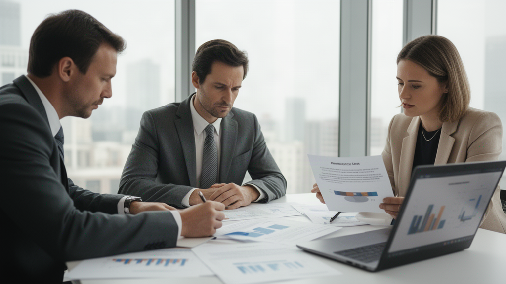 Equipe empresarial revisando documentos de dívida e planilha financeira em escritório claro