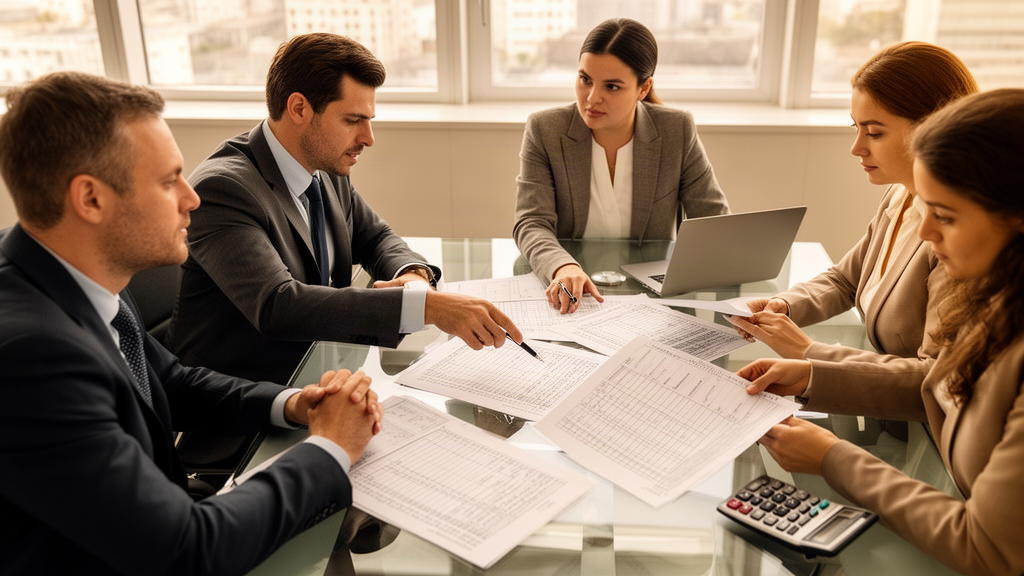 Equipe empresarial analisando planilhas financeiras em reunião em escritório moderno