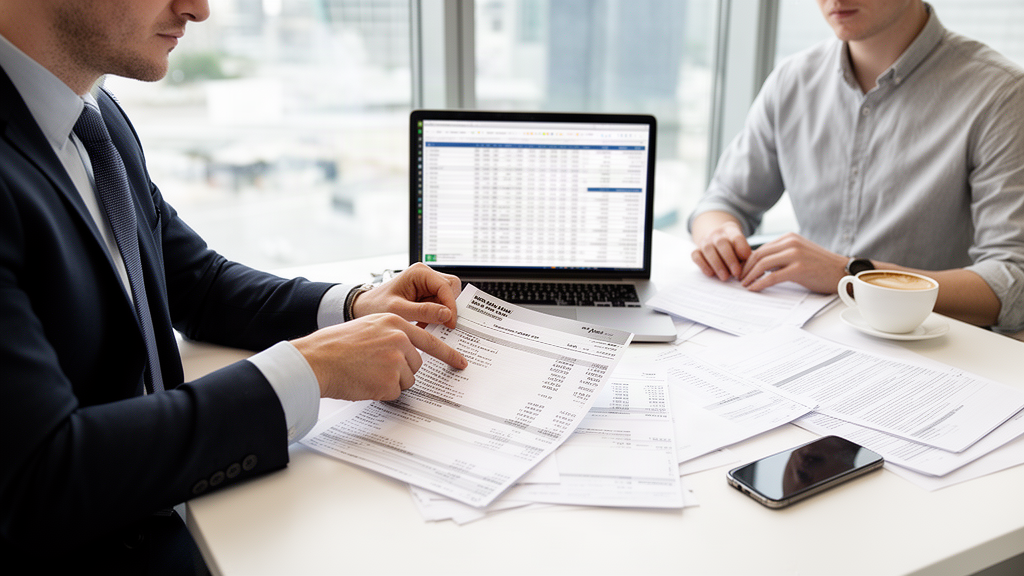 Equipe empresarial analisando extratos bancários e planilha em escritório claro, foco nas mãos e documentos