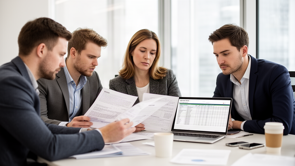 Reunião empresarial em escritório iluminado com sócios analisando documentos financeiros e planilha
