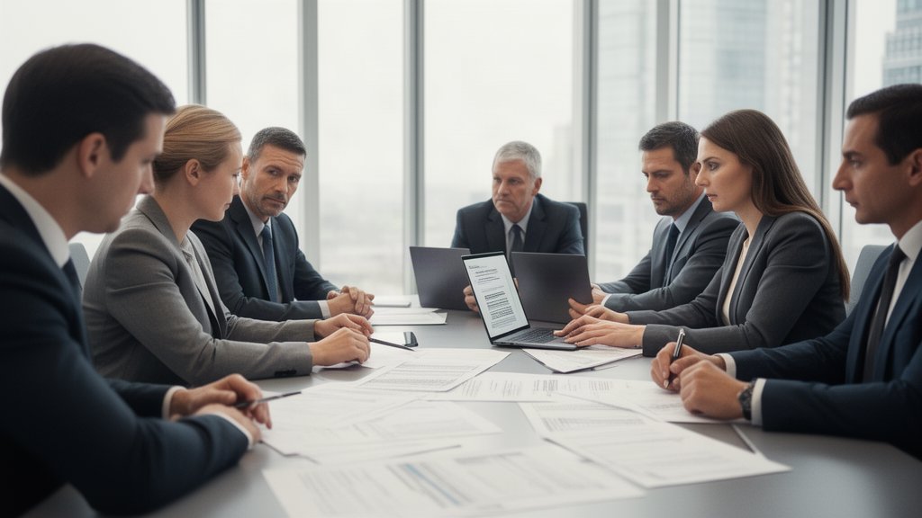 Advogado e sócio analisando documentos financeiros em sala empresarial, com luz natural
