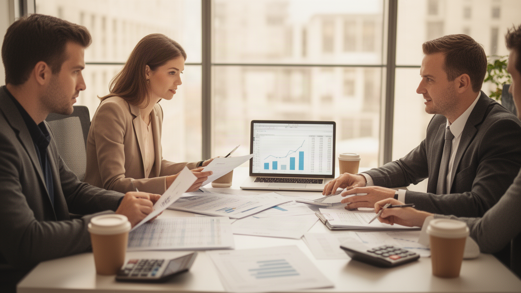 Equipe empresarial analisando planilhas e gráficos financeiros em reunião de escritório
