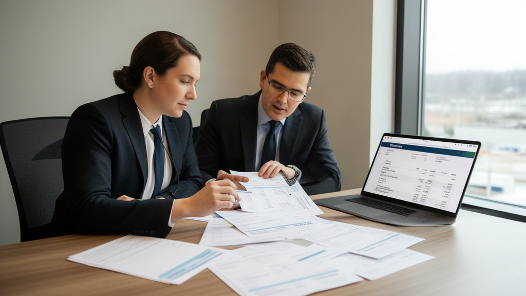 Gerente e advogado analisando extratos e folha de pagamento em escritório da filial