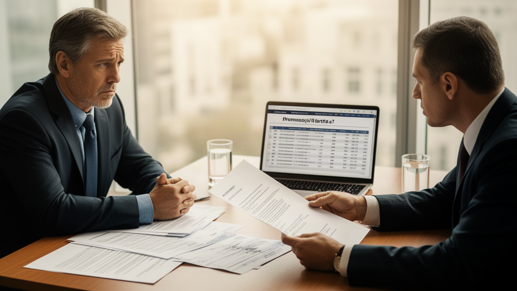 Advogado e empresário analisando CCB e extratos em reunião corporativa
