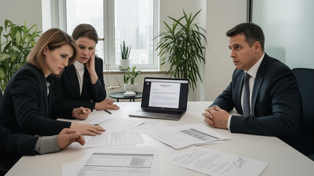 Advogado e sócio revisando contratos e planilhas em reunião empresarial, ambiente corporativo claro