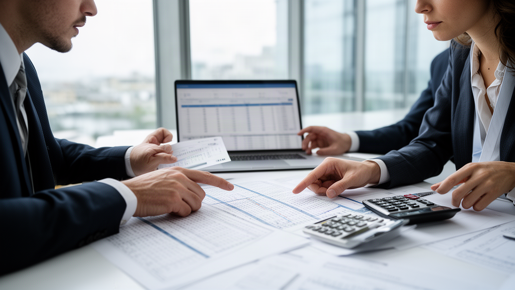 Equipe financeira empresarial analisando planilhas e documentos em sala com luz natural