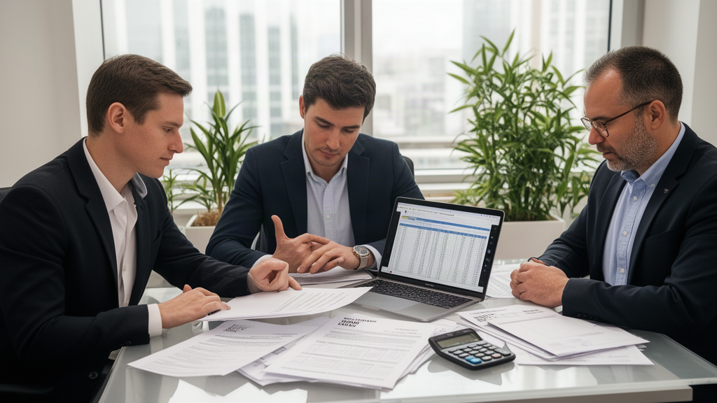 Executivos revisando contratos e extratos bancários em sala de reunião corporativa, com laptop e documentos na mesa