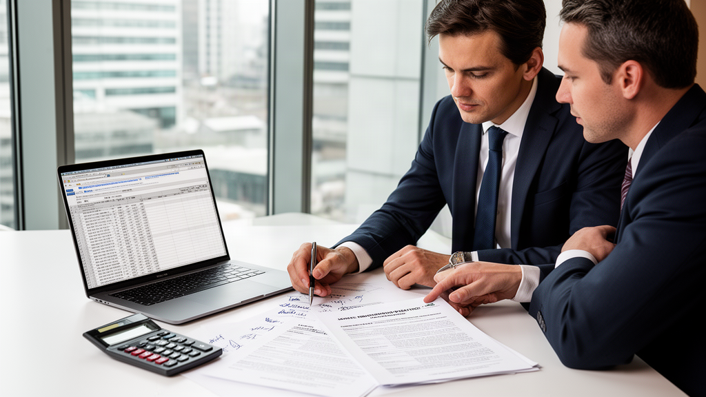 Empresário e advogado revisando contratos e planilha bancária em escritório corporativo