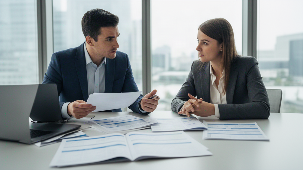 Dois profissionais reunidos analisando extratos bancários e contratos em escritório corporativo