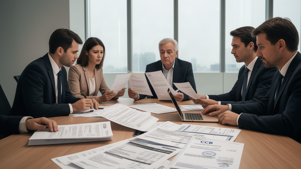 Reunião empresarial com advogados analisando CCB e contratos em mesa de escritório