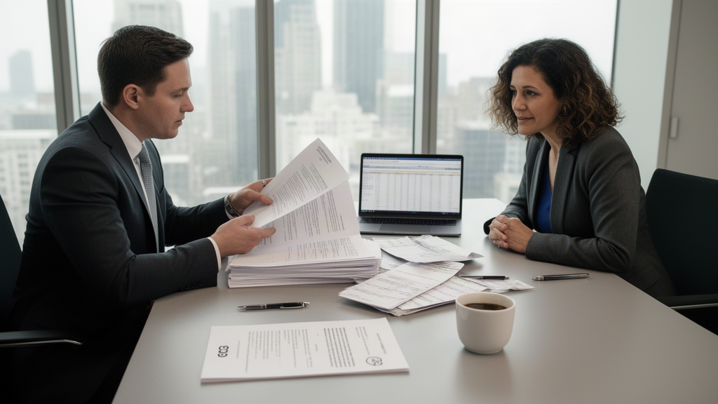 Advogado e empresário revisando contrato e extratos em escritório corporativo, com luz natural