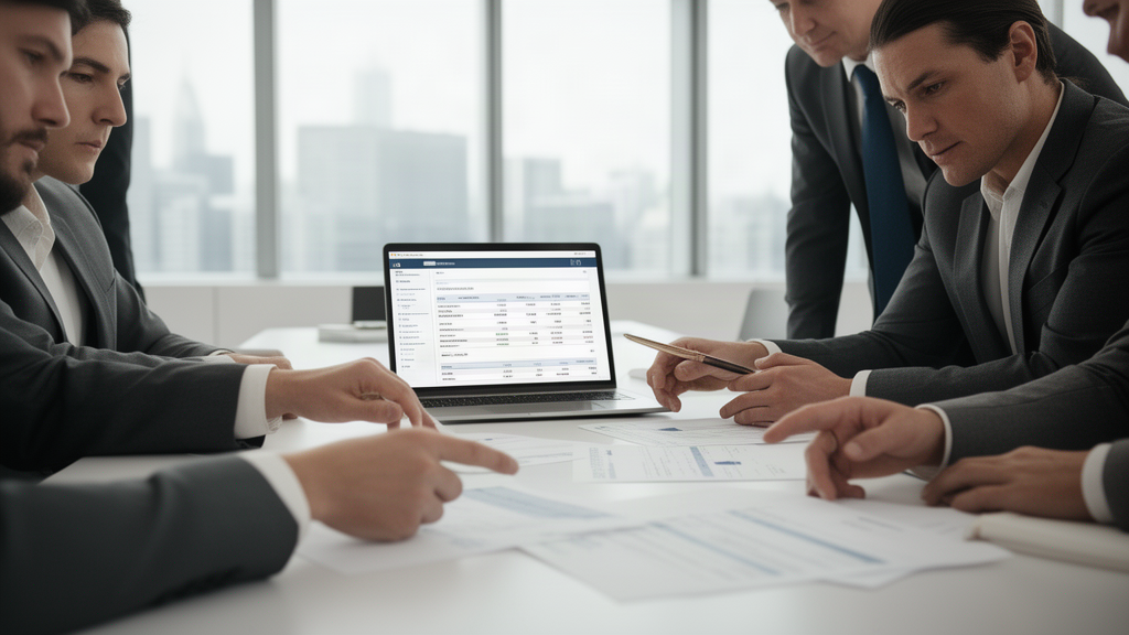 Executivos em escritório moderno analisando documentos e extrato bancário em laptop