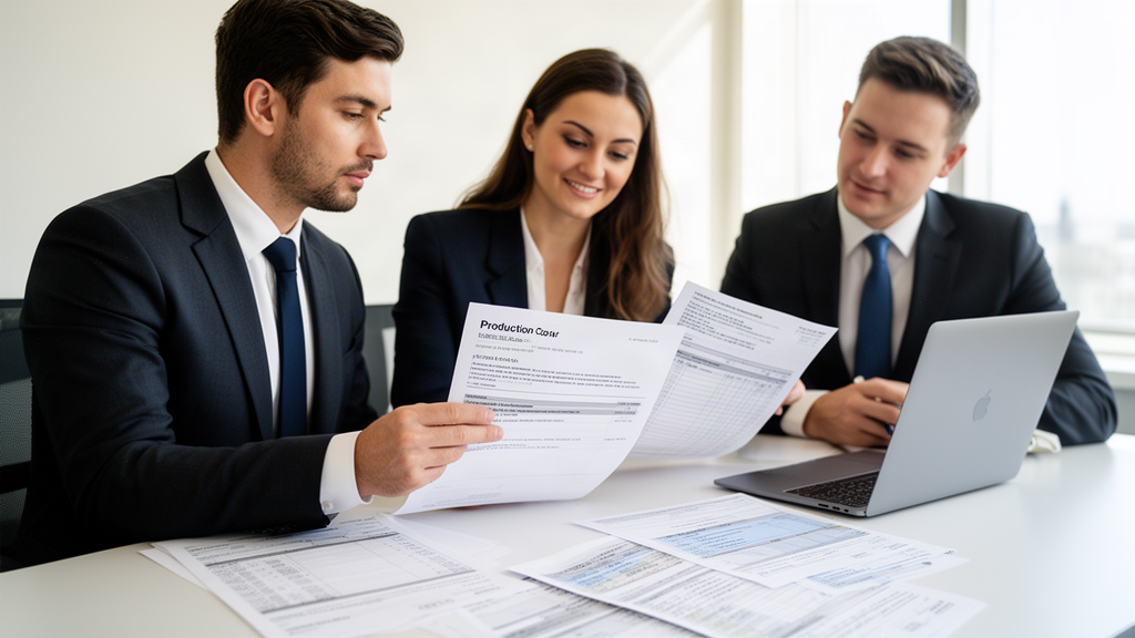 Equipe empresarial analisando contrato, ordens de produção e extratos em escritório claro
