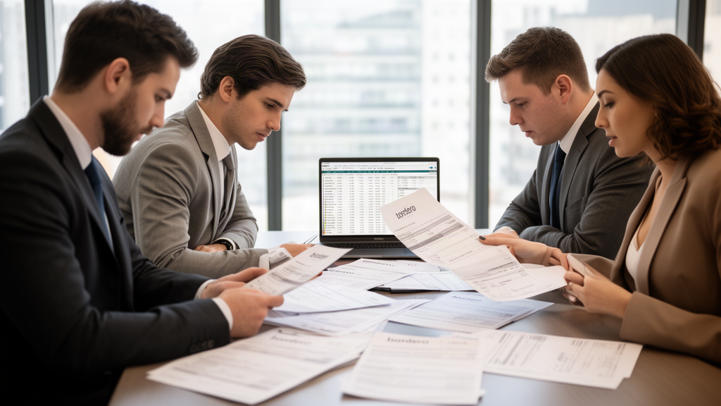 Equipe empresarial analisando contratos e borderôs de factoring em reunião no escritório