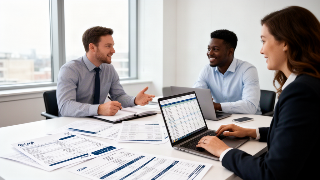 Equipe financeira empresarial analisando extratos e folhas de pagamento em sala clara