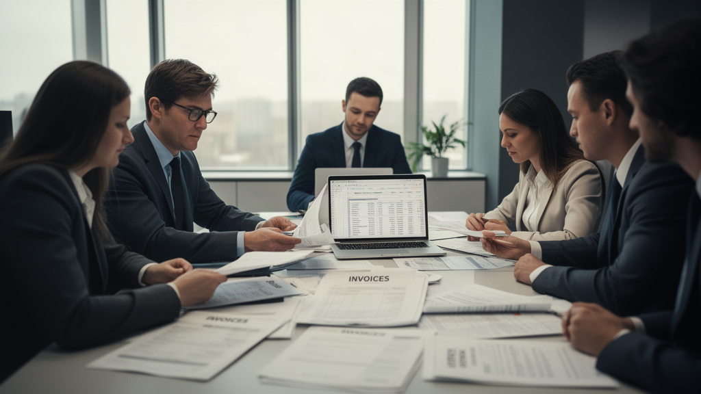 Equipe empresarial reunida analisando fluxo de caixa e documentos financeiros em sala clara