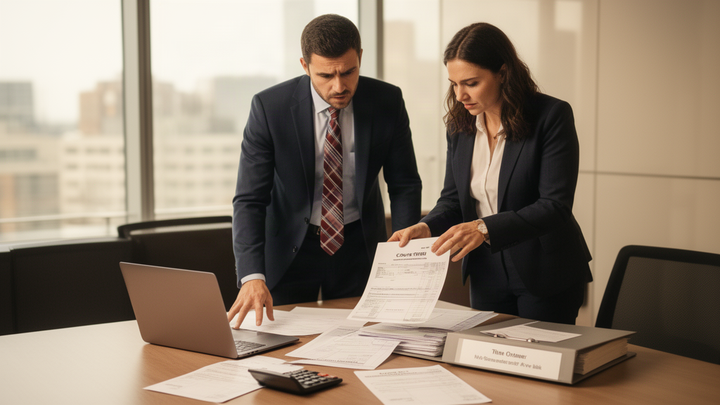 Advogado e gerente financeiro analisando extratos e decisão judicial em escritório corporativo