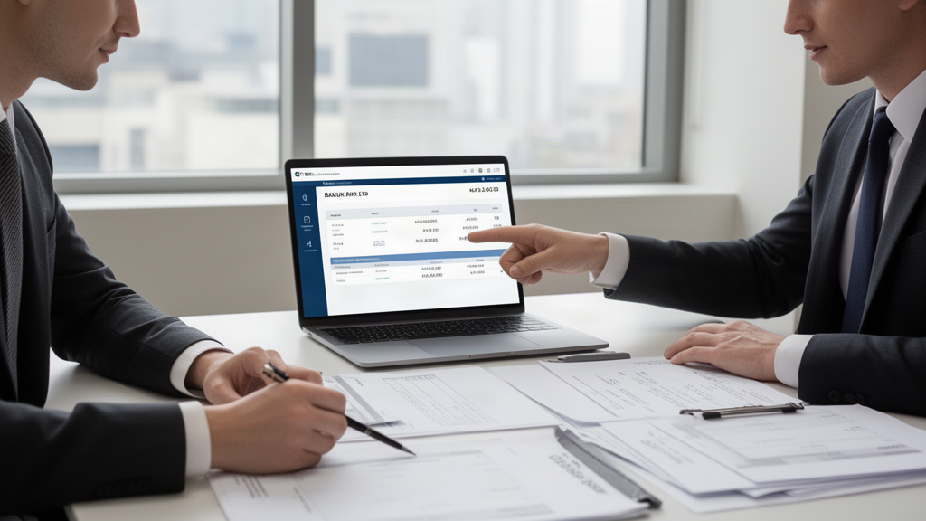 Dois profissionais revisando extratos e contratos financeiros em um escritório corporativo