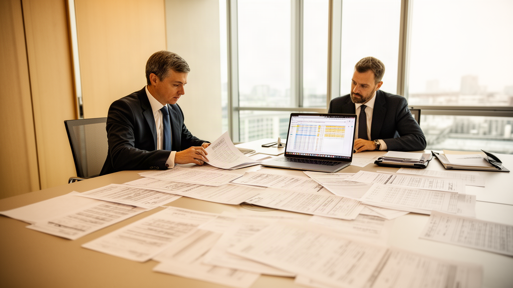 CFO e advogado analisando contratos e extratos em escritório moderno, luz natural