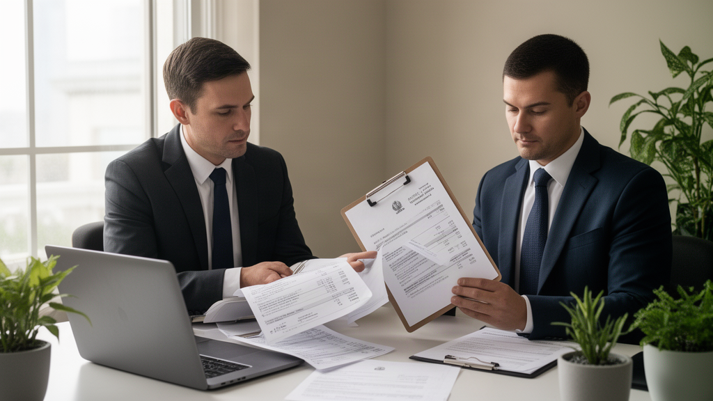 Advogado e contador analisando extratos e intimação em escritório corporativo