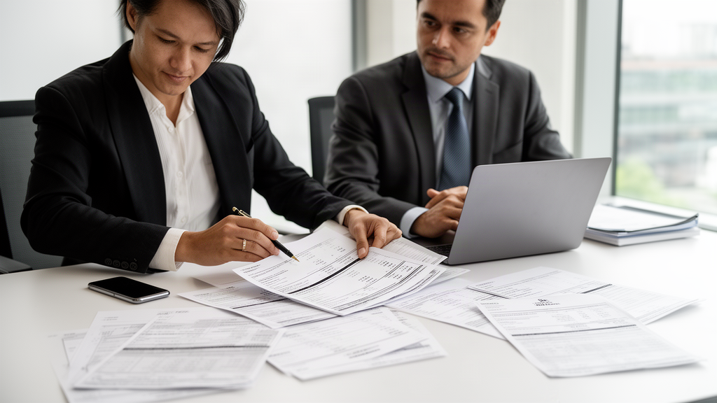 Advogado e CFO analisando extratos e relatórios financeiros em escritório moderno