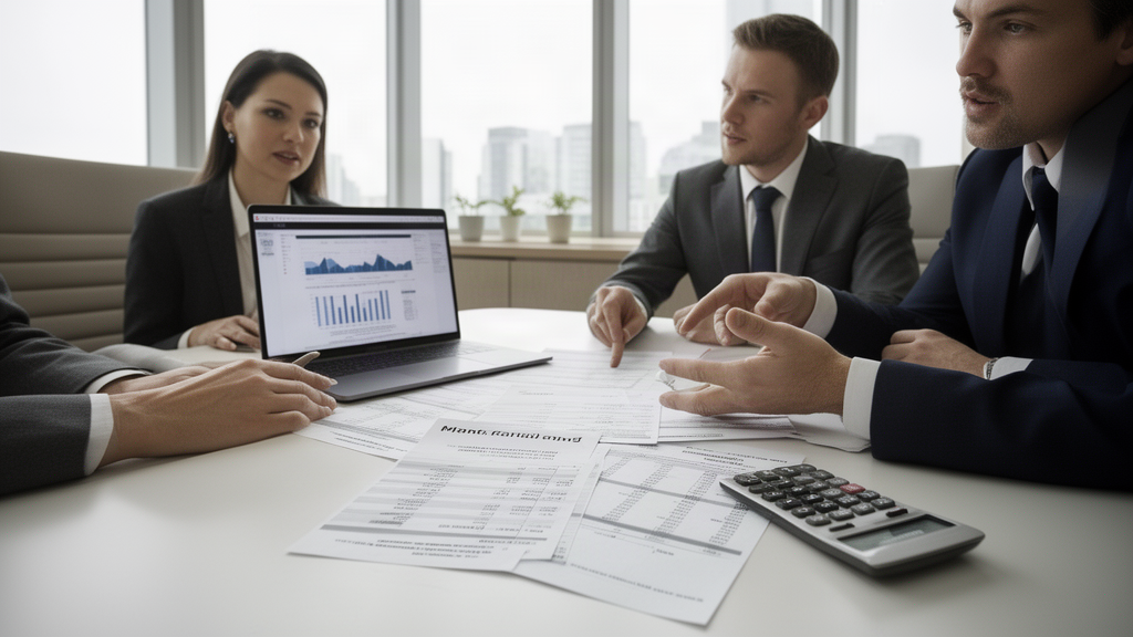 Equipe empresarial analisando extratos e planilhas em escritório claro, calculadora e laptop sobre a mesa