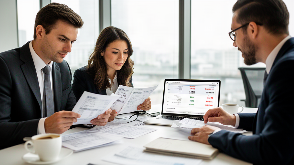 Equipe empresarial reunida analisando extratos bancários e fluxo de caixa em escritório claro