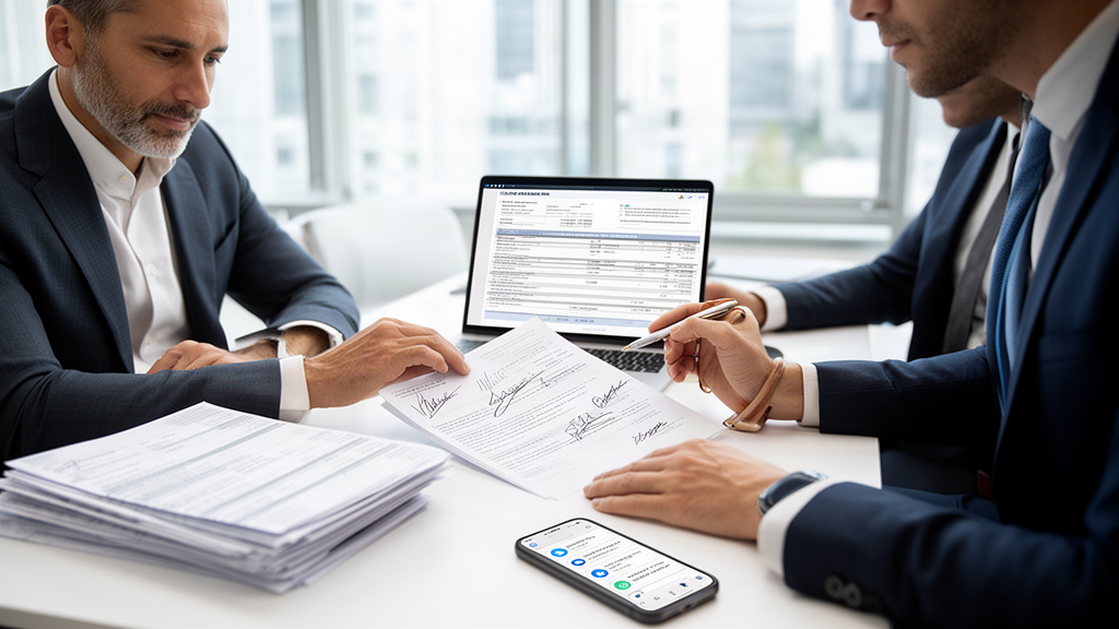 Empresário e advogado revisando acordo financeiro em escritório claro, com notas e laptop