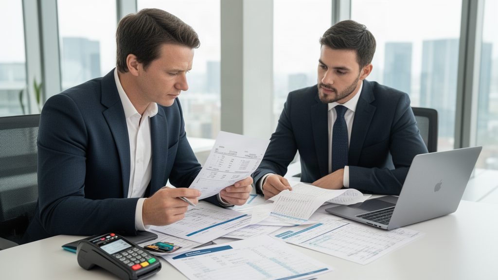 Empresário e advogado analisando extratos e relatórios de vendas em escritório corporativo