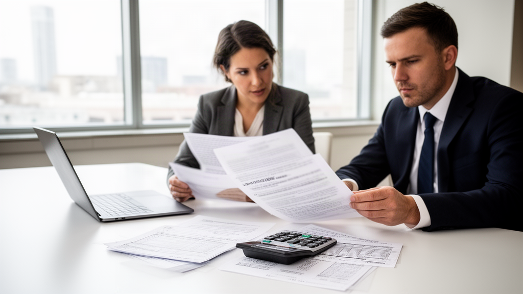 Advogado e empresário analisando documentos financeiros em mesa de escritório iluminada
