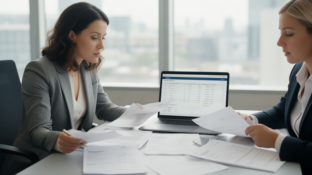 Empresário e contador analisando extratos e notas fiscais em escritório corporativo