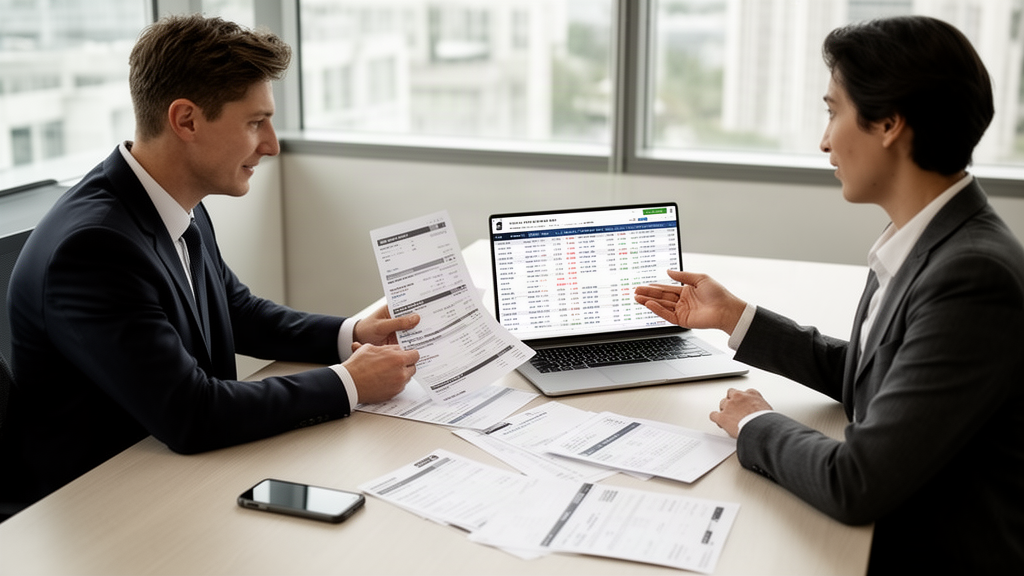 Profissionais analisando extratos bancários e planilha de repasses em escritório corporativo