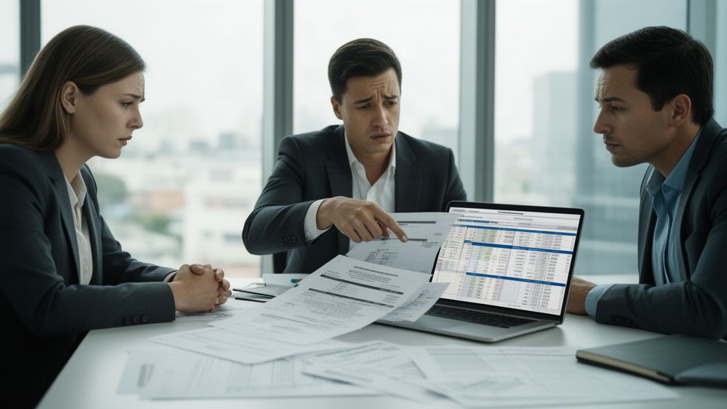 Equipe empresarial analisando extratos e planilha para desbloqueio de recebíveis