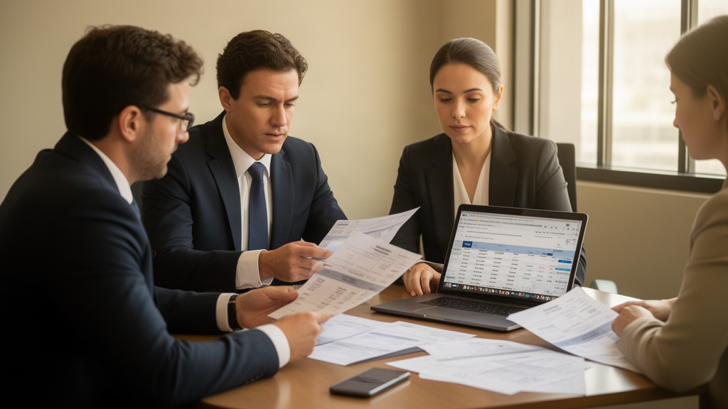 Profissionais revisando extratos e contratos em sala corporativa para resolver disputa sobre recebíveis