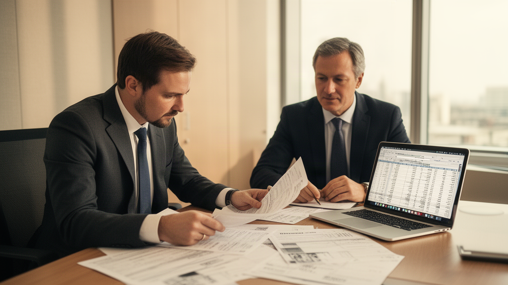 Advogado e diretor financeiro analisando extratos e balanços em escritório corporativo